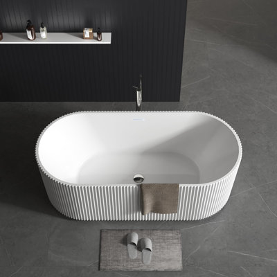 Freestanding Soaking Bathtub, Contemporary Acrylic Pleated Tub, Stand Alone Bath with Chrome Overflow and Drain