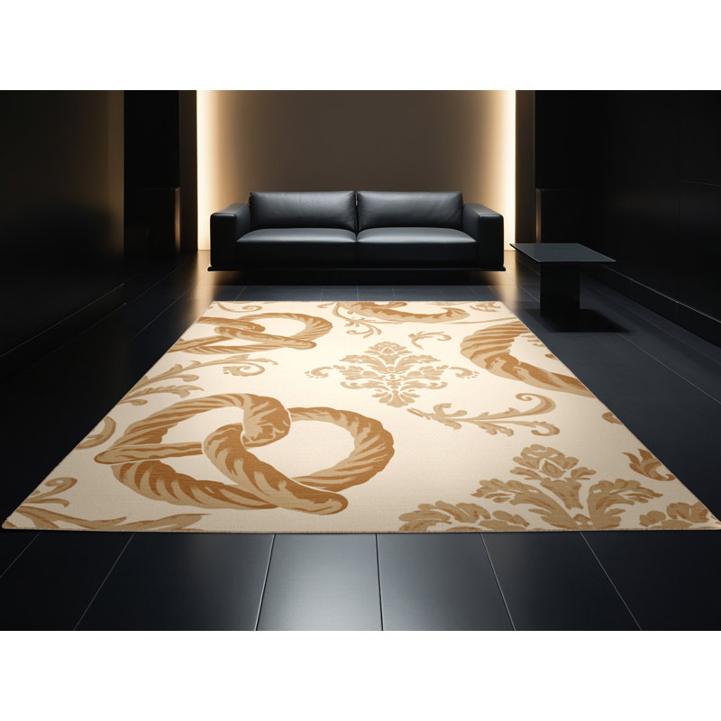 Machine Washable Kirkwood Pretzel Classic Damask Rug in Beige – Beige Binding, 5x8