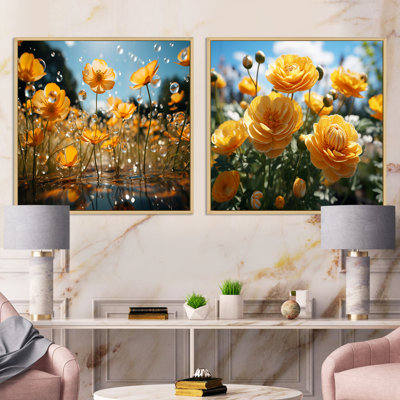 Mohrmann Yellow Buttercups Field Sunrise I - Floral Square Collage Set Of 2