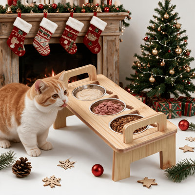 Gamelles surélevées pour chats, adaptées aux moustaches des chats, avec 3 bols en acier inoxydable, ensemble de bols inclinés à 15° en bambou pour nourriture et eau, station d'alimentation facile à nettoyer pour chatons et petits chiens d'intérieur.