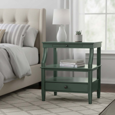Table de chevet vintage avec petit tiroir, plateau et tablette ouverte pour ranger les essentiels de la chambre à coucher
