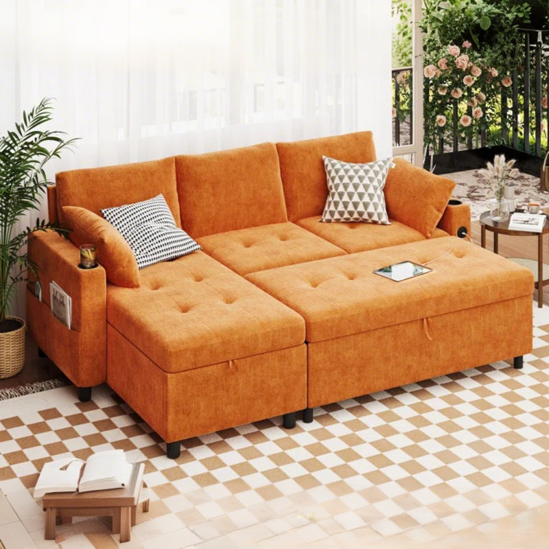 83.5''sleeper Sofa Couch With Pullout Bed, L-shaped Convertible Couches, Orange Chenille