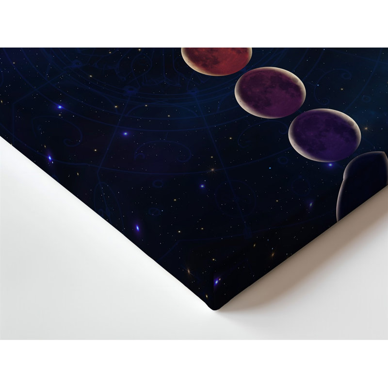La toile crée une illustration visuellement saisissante mettant en vedette une série de phases d'art mural lunaires disposées verticalement contre une toile étoilée sombre