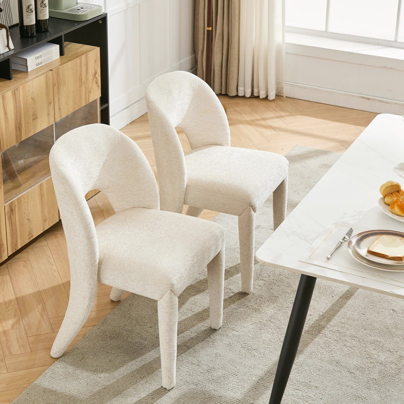 De 2, chaises de salle à manger, chenille crème, conception évidée, structure en fer, utilisation à l'intérieur, chambre à coucher, pièce, sièges confortables et abordables, limite de 300 livres, assemblage facile, simple, capacité