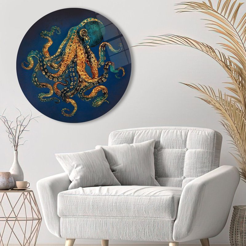 Art contemporain contemporain en verre trempé de pieuvre pour décoration murale de luxe moderne | Rond, H 23,6 po x l 23,6 po