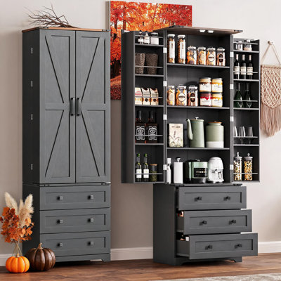 Farmhouse Kitchen Pantry Cabinet - 72" Tall Large Wood Kitchen Storage Cabinets with Adjustable Shelves & 2 Barn Doors & 3 Drawer, Versatile Storage f