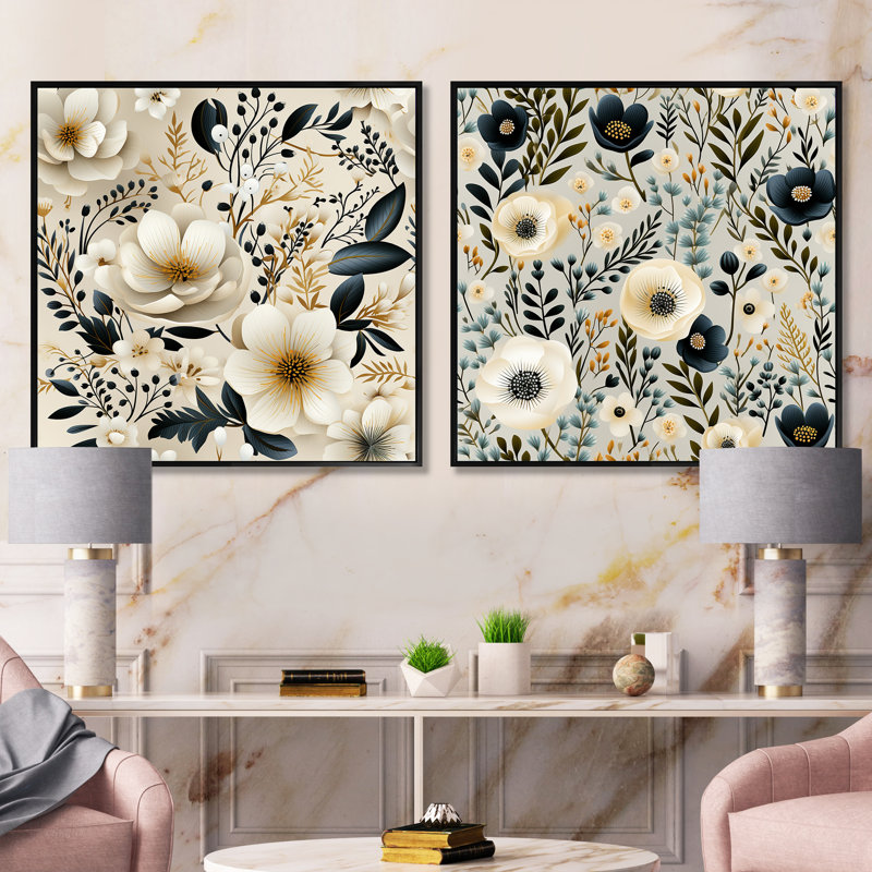 Blakely - Ensemble de 2 collages carrés floraux, Cadre flottant noir, H 16 po x l 33 po