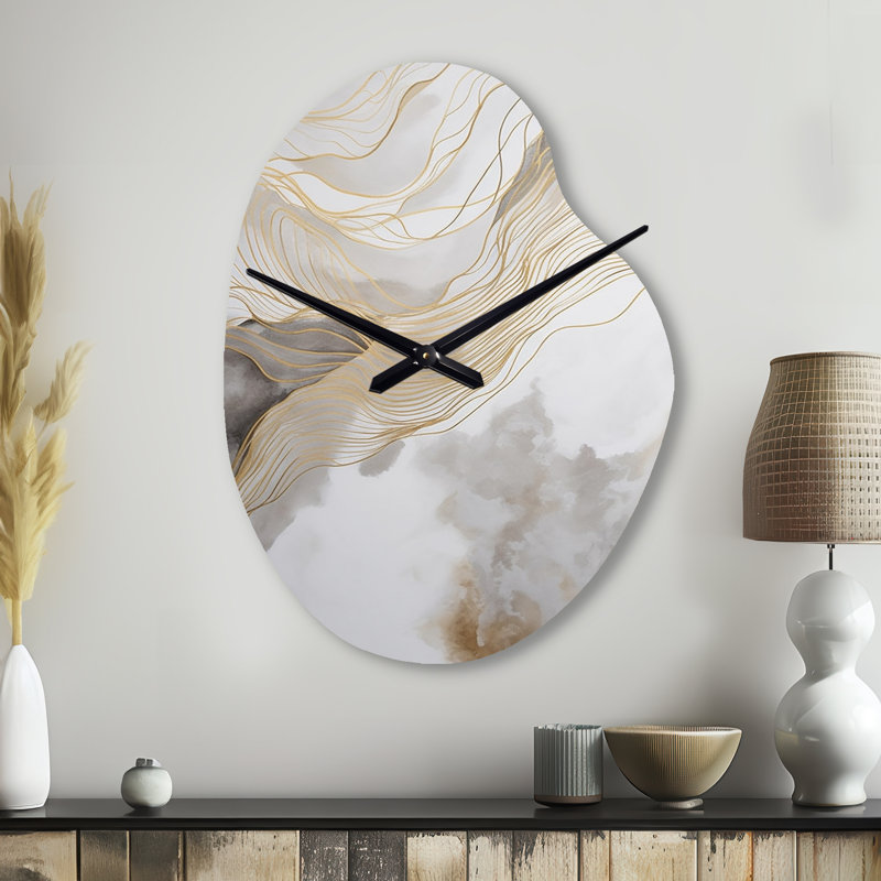 Or et gris ligne abstraite artistique V - forme unique ligne art horloge en métal, horloge murale asymétrique, Grand