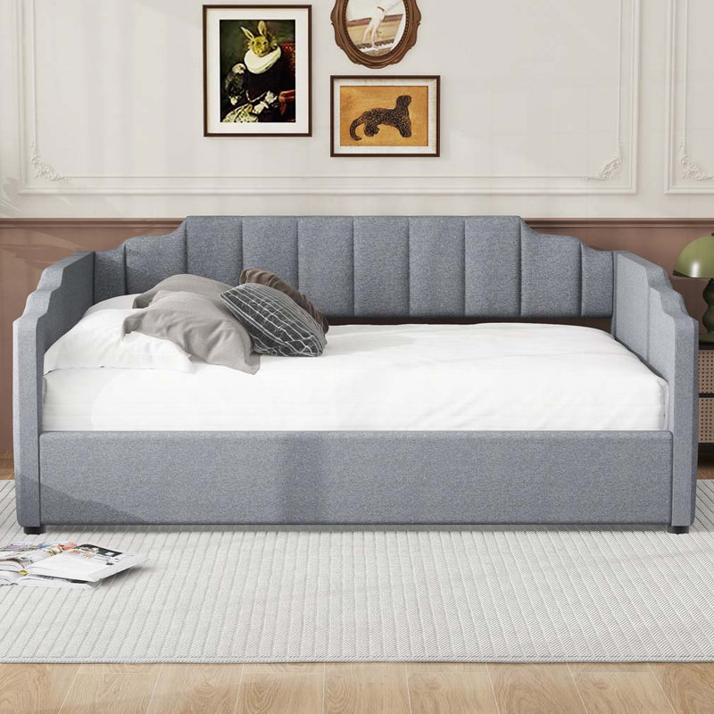 Lit de jour rembourré avec rangement inférieur, Gris, Lit double