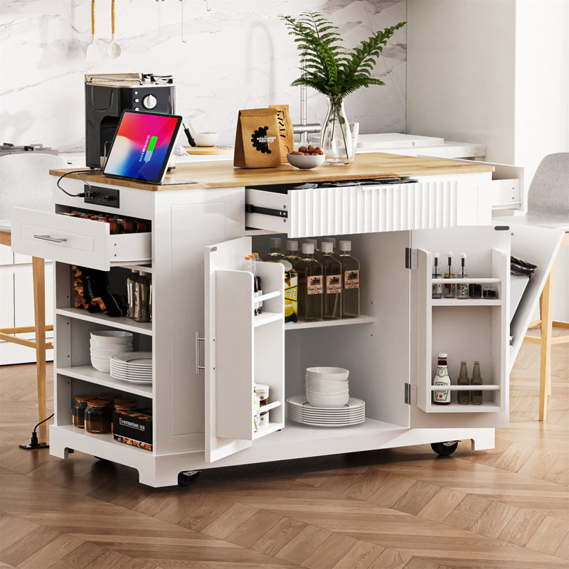 Fluted Kitchen Island With Trash Can Storage Cabinet, Power Outlet, Internal Storage Rack, Rolling Kitchen Islands On 5 Wheels With 3 Drawer, 3 Open Side Racks For 10 Gallon Garbage Bin