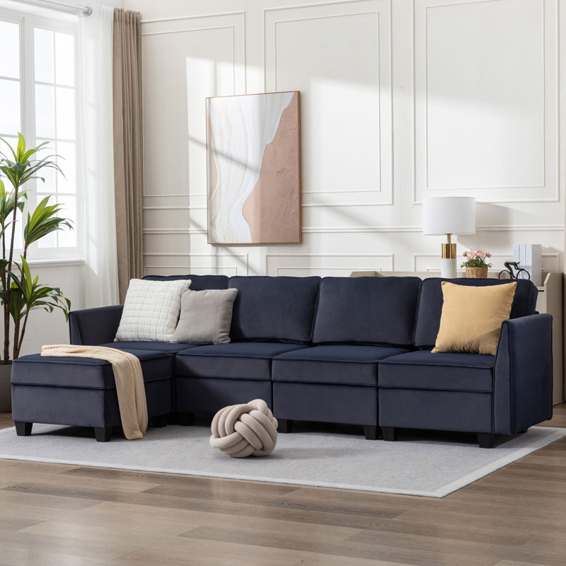 Canapé modulaire à méridienne 5 pièces Marai, Velours bleu marine