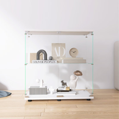 Two-Door Glass Display Cabinet 2 Shelves With Door, Floor Standing Curio Bookshelf For Living Room Bedroom Office, 33.35"*31.69"*14.37",White