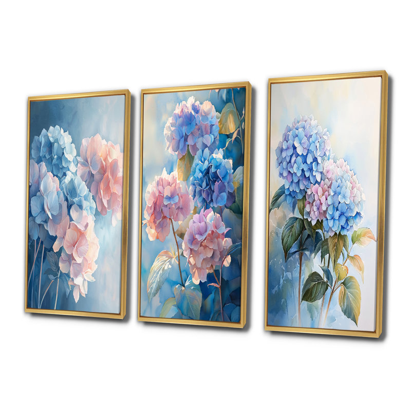 Hortensias dans la lumière du matin I - Collection de décorations murales hydrangées, H 28 po x l 36 po, Doré