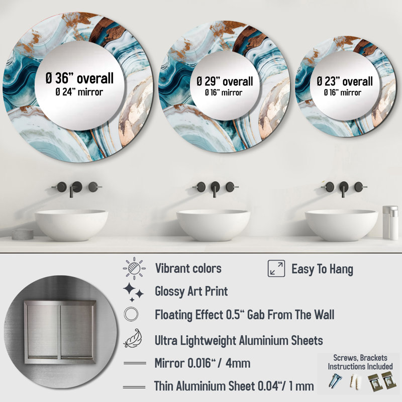 Quinillo Blue Gold Half Circle Marble Abstract V - Marble Decorative Mirror, Modern Round Wall Mirror, Printed Metal Art