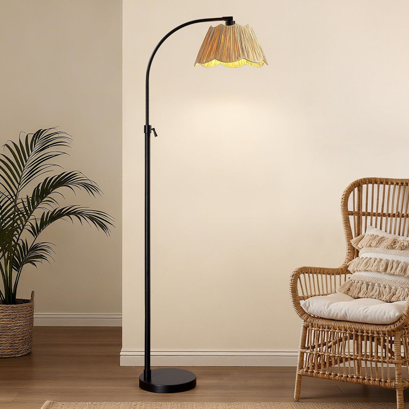 Lampe sur pied réglable à arc avec abat-jour plissé tissé, lampe sur pied en métal, lampe de lecture rustique de ferme (noir)