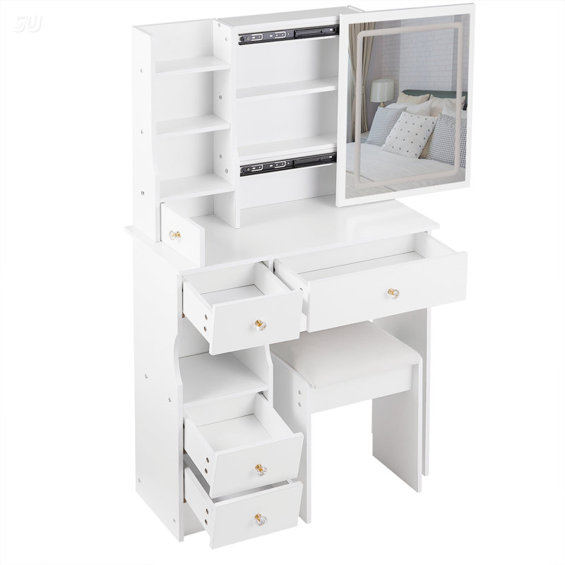 29.2" Small Size Left Drawer Desktop Vanity Table + Cushioned Stool, Large Sliding, Touch Control, Brightness Adjust LED Mirror, High Capacity Storage