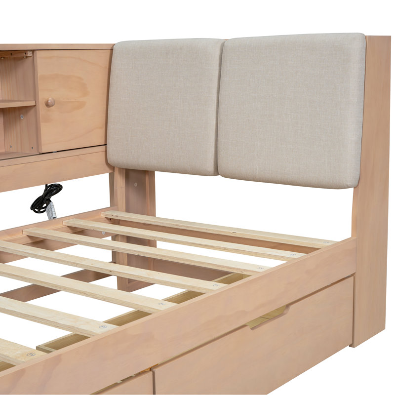 Storage Corner Daybed With Outlets And Upholstered Headboard, Natural, Twin