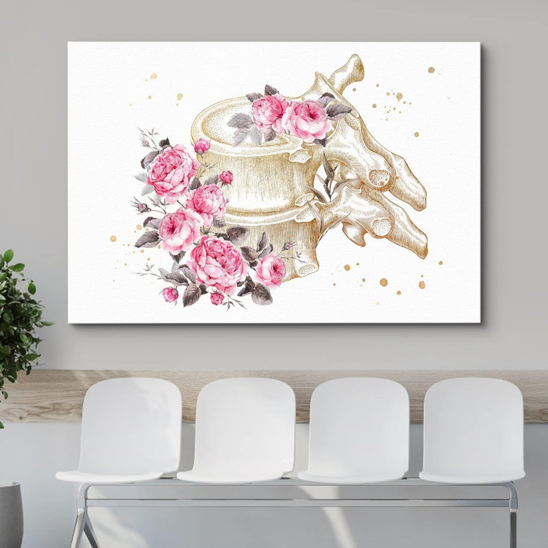 Spinal squelette pastel rose fleurs médical moderne art floral botanique décoration murale, H 12 po x l 18 po