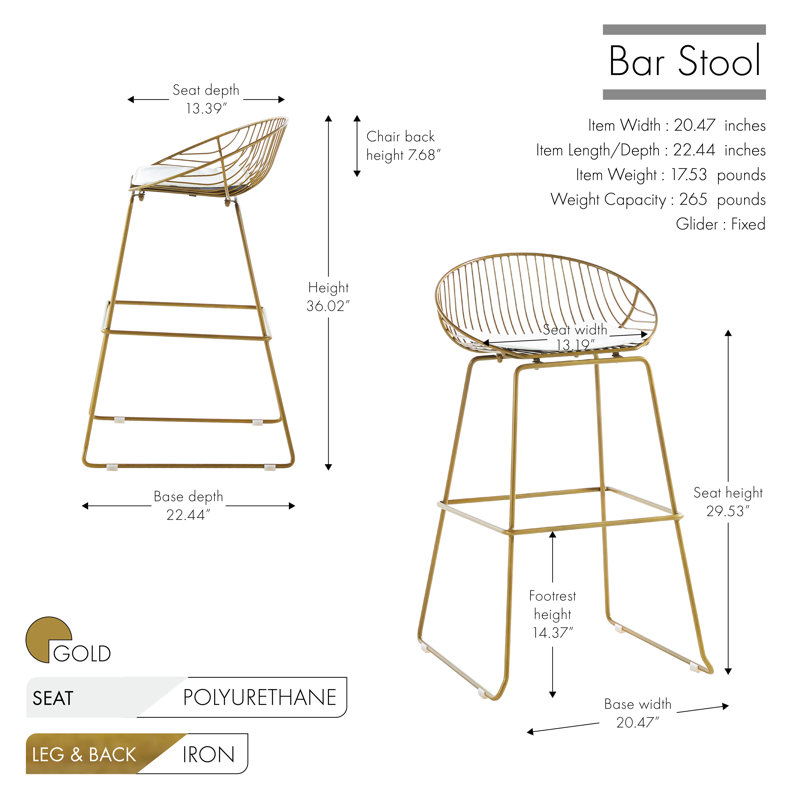 29.53" Iron Wire Bar Stools with PU Leather Seat Pad, Gold