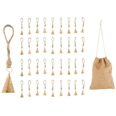 Metal Tibetan Inspired Indoor Outdoor Gold Decorative Bells With Brown Jute Rope And Canvas Drawstring Tote Set