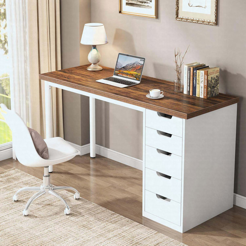 Computer Desk with 5 Drawers, Brown/White