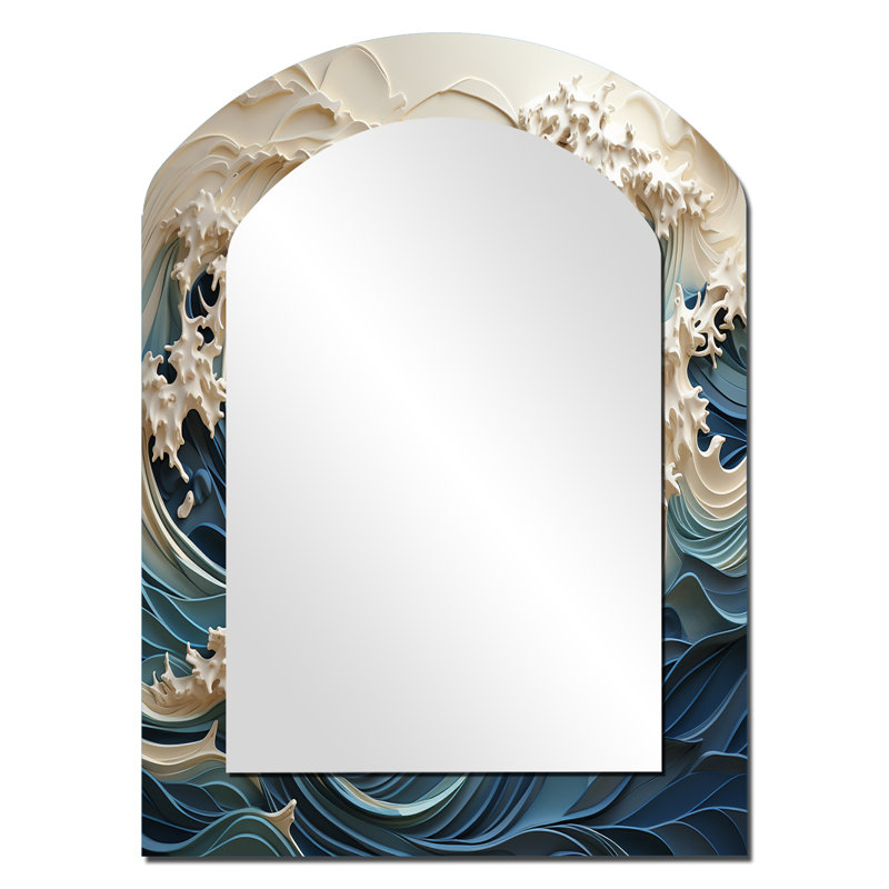 Vague blanche et bleue Papercut Style III - miroir mural unique à arche de vagues, 34 po x 25 po