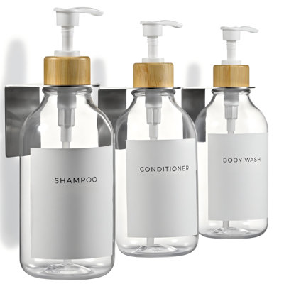 Ensemble de 3 distributeurs de shampooing et revitalisant muraux (ensemble en bambou transparent)