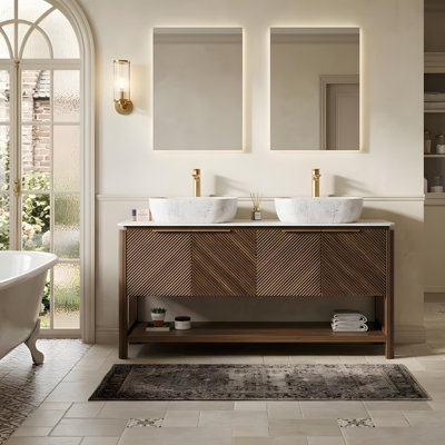 60-inch bathroom vanity with sink, featuring four slatted doors and two marble-patterned ceramic sinks