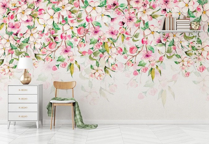 Papier peint floral aquarelle fleurs de cerisier rose vert, L 106 po x l 187 po