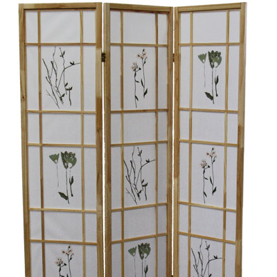 Paravent 70 po de hauteur 3 pour cloisons avec finition naturelle et imprimé floral sur pin massif, asiatique traditionnel, l 50 po x H 70 po, imprimé pin