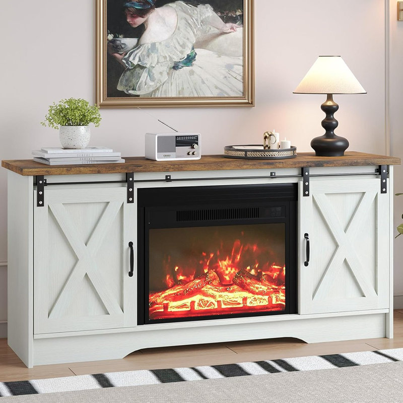 Meuble télé avec foyer et porte de grange coulissante blanche avec foyer électrique de 23 po et armoires de rangement réglables