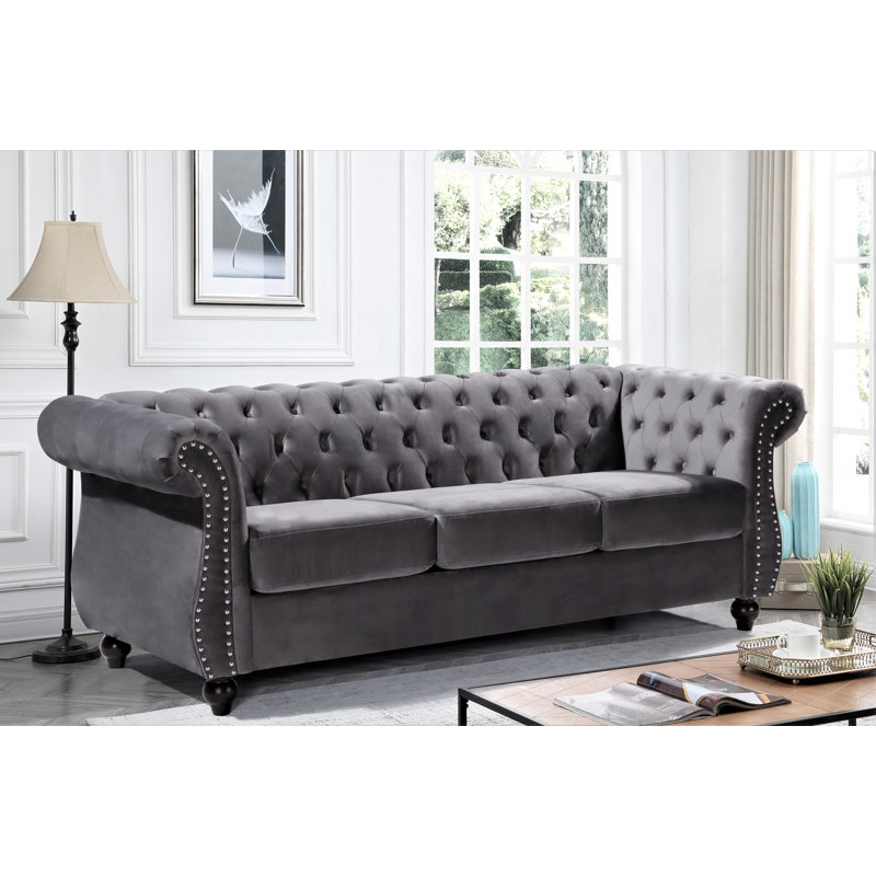 Canapé à accoudoirs arrondis en velours 82,6 po Gosser, Gris