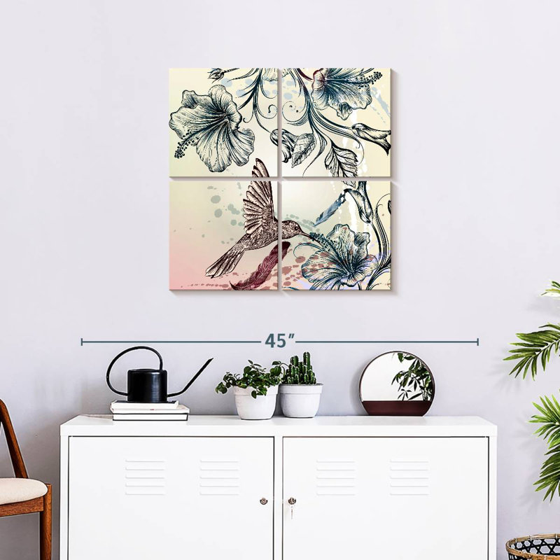 Colibri ronce et fleurs d'hibiscus, H 26 po x l 26 po