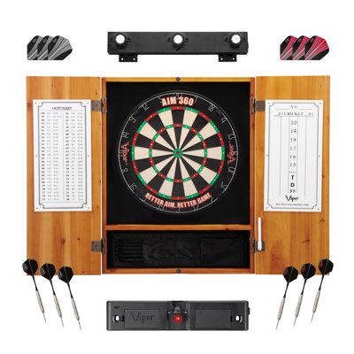 Jeu de fléchettes Viper AIM 360, armoire Metropolitan, ligne de lumière, jeu de fléchettes et fléchettes avec vol de rechange, finition chêne