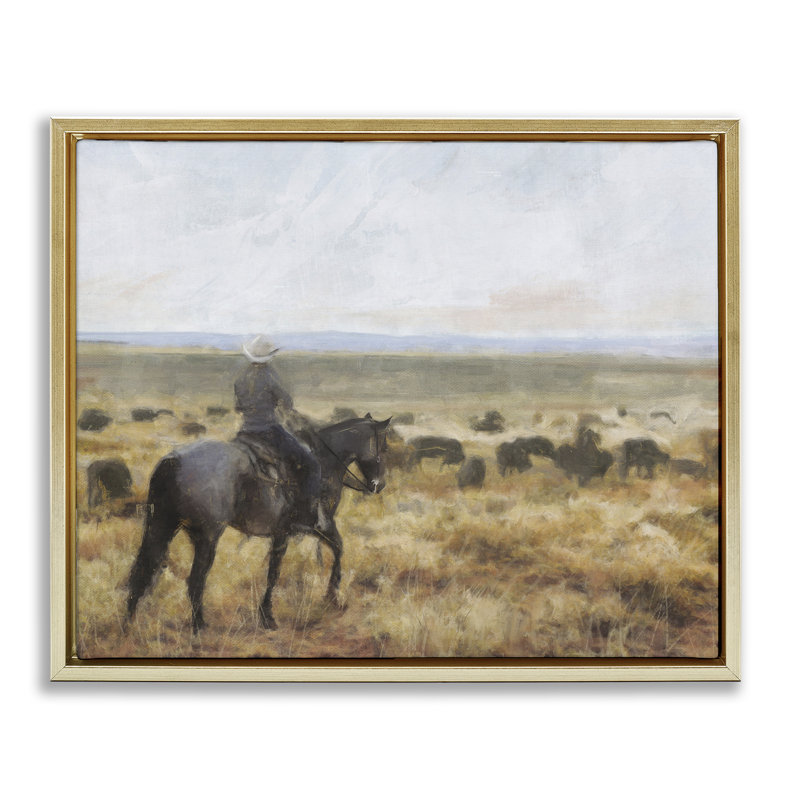 «On The Range Cowboy», art mural encadré par Nina Blue, Cadre flottant métallique doré, H 17 po x l 21 po