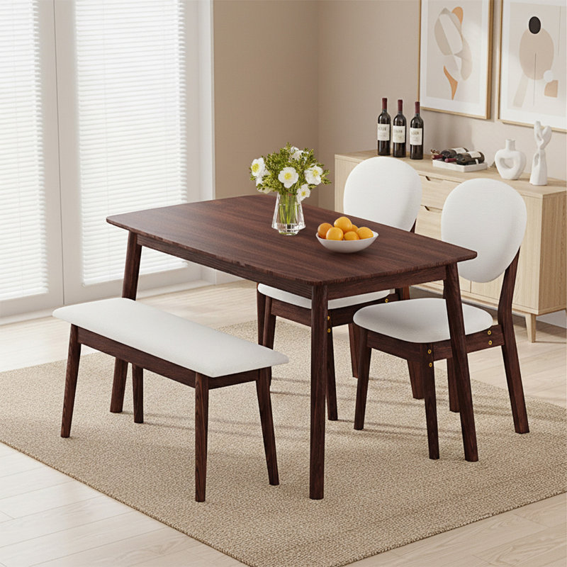 Ensemble de table à manger de 47 po pour 4 personnes, table de cuisine en bois massif avec banc et 2 chaises avec dossier rembourré
