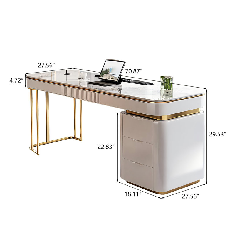 70.87"White Rectangular Sintered Stone Desktop Writing Desk,6-drawer, 29.53" H x 70.87" W x 27.56" D