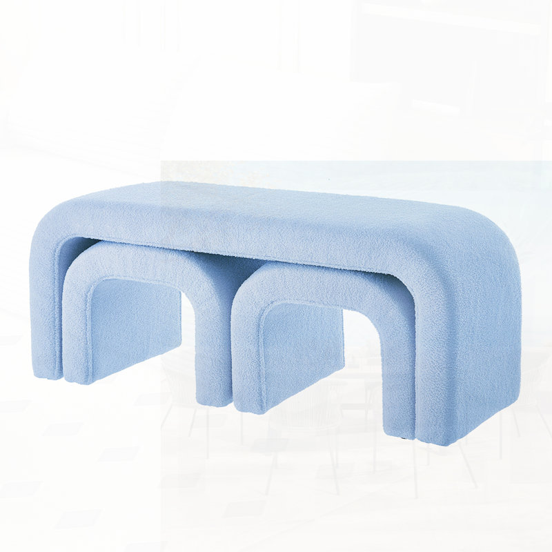 Set of 3 U-Shaped Modern Teddy Ottoman Benches for Entryway, Bedroom, and Living Room Extra Seating, Light Blue