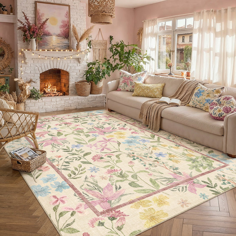 Cherry Modern Floral Machine Washable Area Rug with Non-Slip Backing, Rectangle 8' x 10'
