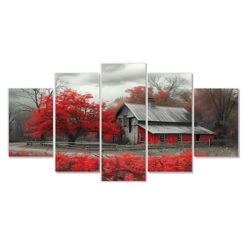 Rouge et gris Autumn Barn Refuge II - ensemble d'art sur toile de grange