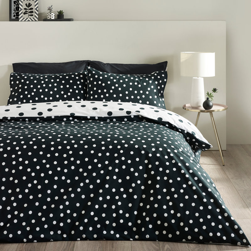 Polka Dot Reversible Duvet Cover Set, Double, Black / White