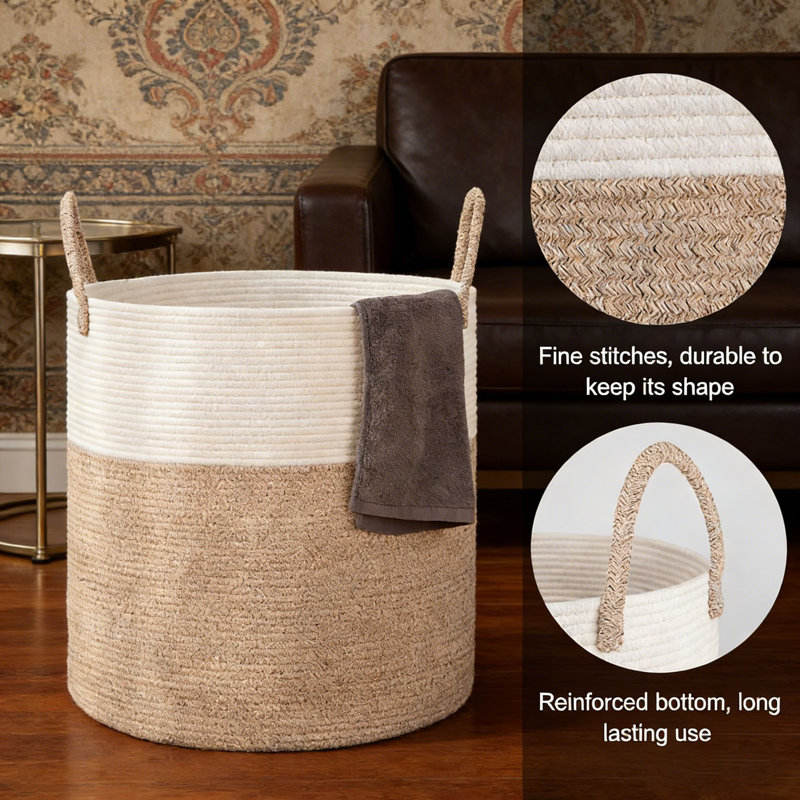 100L Large Collapsible Hamper with Handle 18.5x21in for Dirty Clothes & Blankets, Brown/White