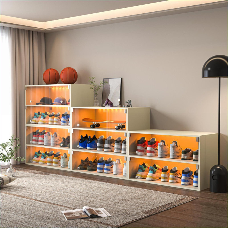 Cabinets | Off-white Stackable Shoe Storage Cabinet | Holds 6 Pairs Sneakers | Sliding Glass Door | RGB LED Color Changing Lights | Minimalist | Particle Board