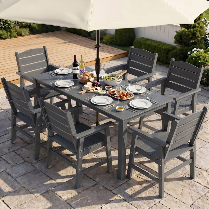 All Weather Outdoor Table and Chairs 7 Pieces Patio Dining Sets Outside Furniture With Umbrella Hole& Aluminum Frame HIPS Modern Patio Dining Set for 6 Person For Outside Backyard/Porch/Deck, 1-Table 6-Chairs, Gray