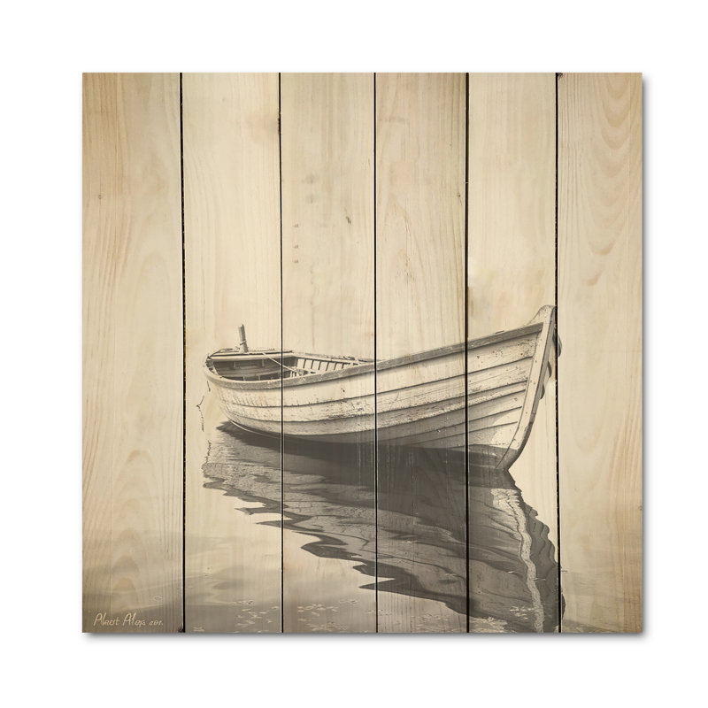 Noir et blanc, bateau de pêche minimalisme - bateau côtier, art mural sur bois de pin naturel, H 36 po x l 36 po