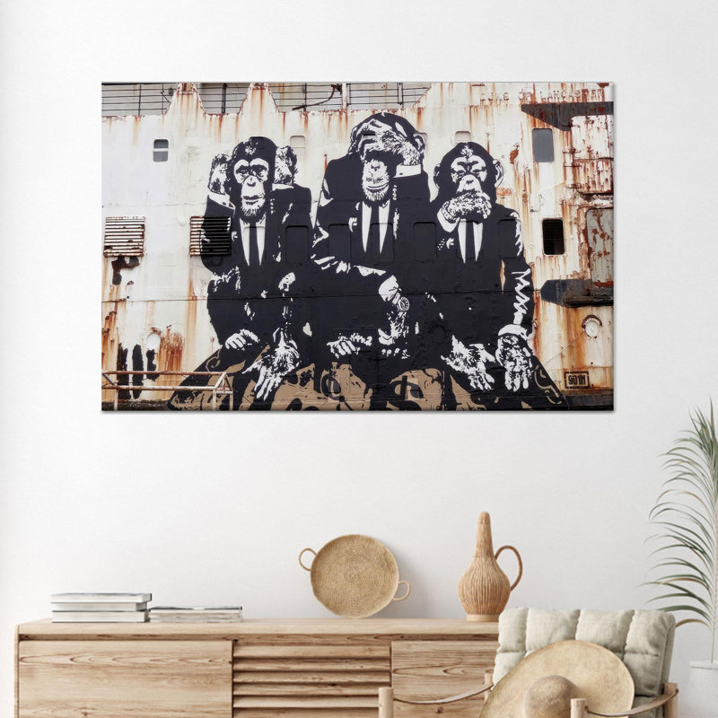 Toile imprimée: art mural en verre trempé Banksy Monkey, 1P BlackFramedCanves, 47,3 po H x 102,4 po l