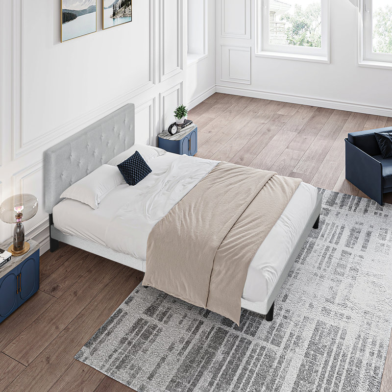 Twin Size Upholstered Platform Bed Frame With Modern Button Tufted Linen Fabric Headboard, No Box Spring Needed, Wood Slat Support, Easy Assembly, Grey