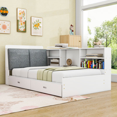 2 Drawers Wood Twin Platform Bed with Storage Headboard, Rotatable Shelf and Upholstered Panel