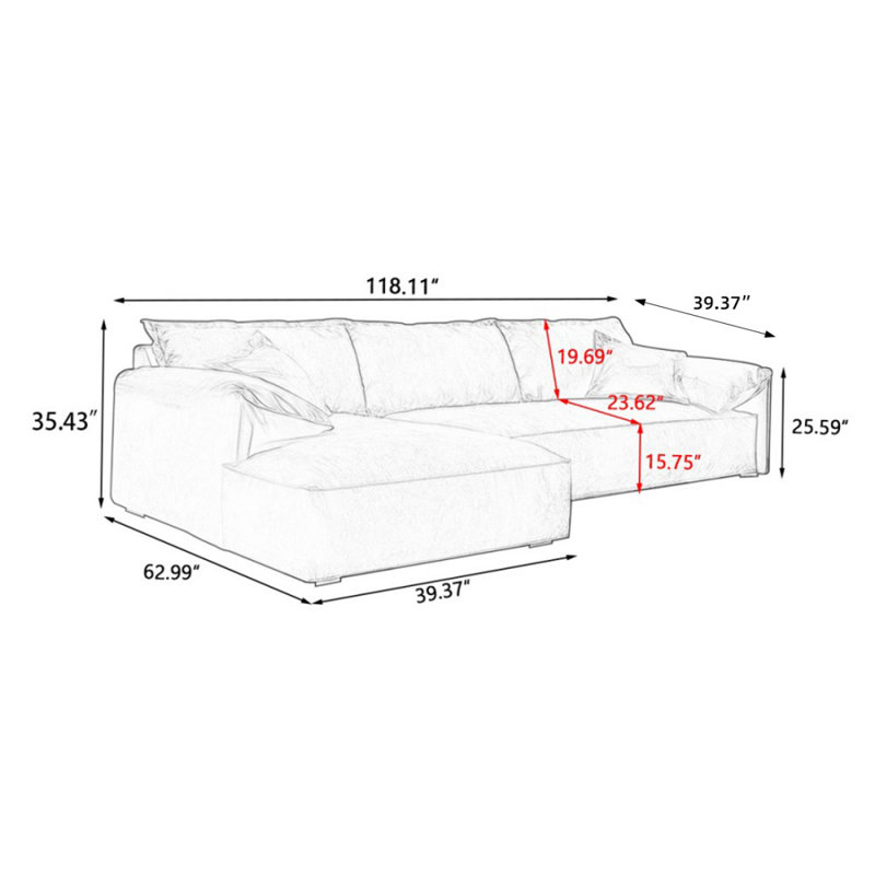 Canapé modulaire 2 pièces rembourré, Orienté à gauche (vu de face), 35.43" H x 118.11" W x 62.99" D
