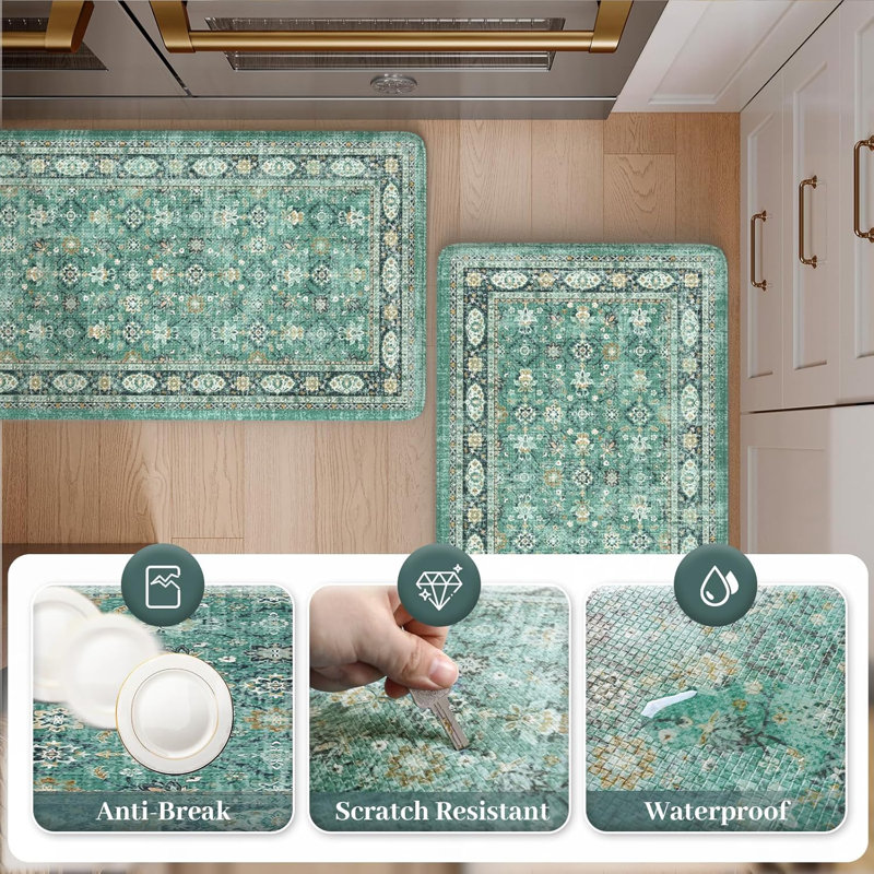 Boho Vintage Kitchen Rugs Sets of 2 Comfort Standing Mat, Turquoise, 119cm L x 50.8cm W